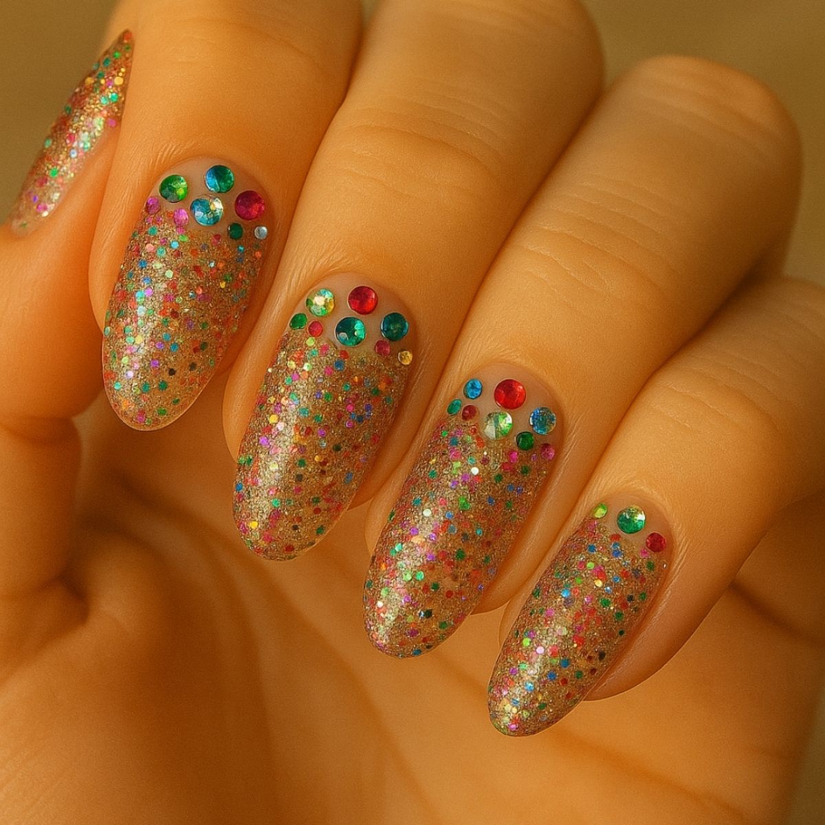 A hand with fingernails painted gold, featuring multicolored glitter and rhinestones arranged near the cuticles—an eye-catching look perfect for Cinco de Mayo nail art or festive nail art ideas.