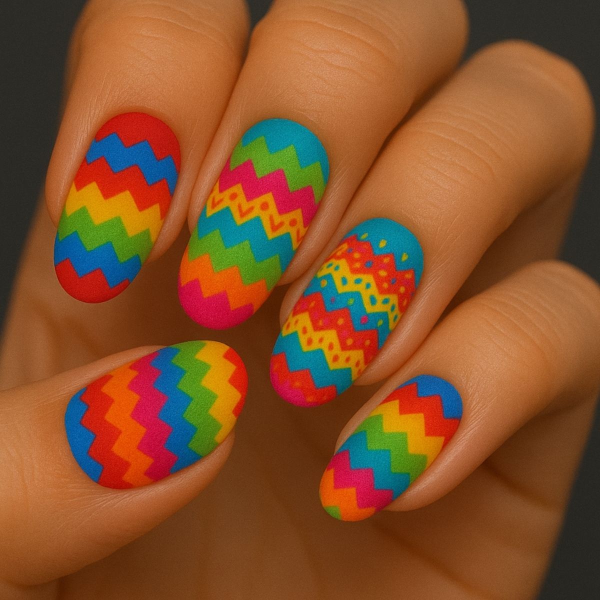 A hand with nails painted in bright, multicolored zigzag patterns, featuring red, yellow, green, and blue hues—a festive choice for Cinco de Mayo nail art or anyone seeking bold nail art ideas.