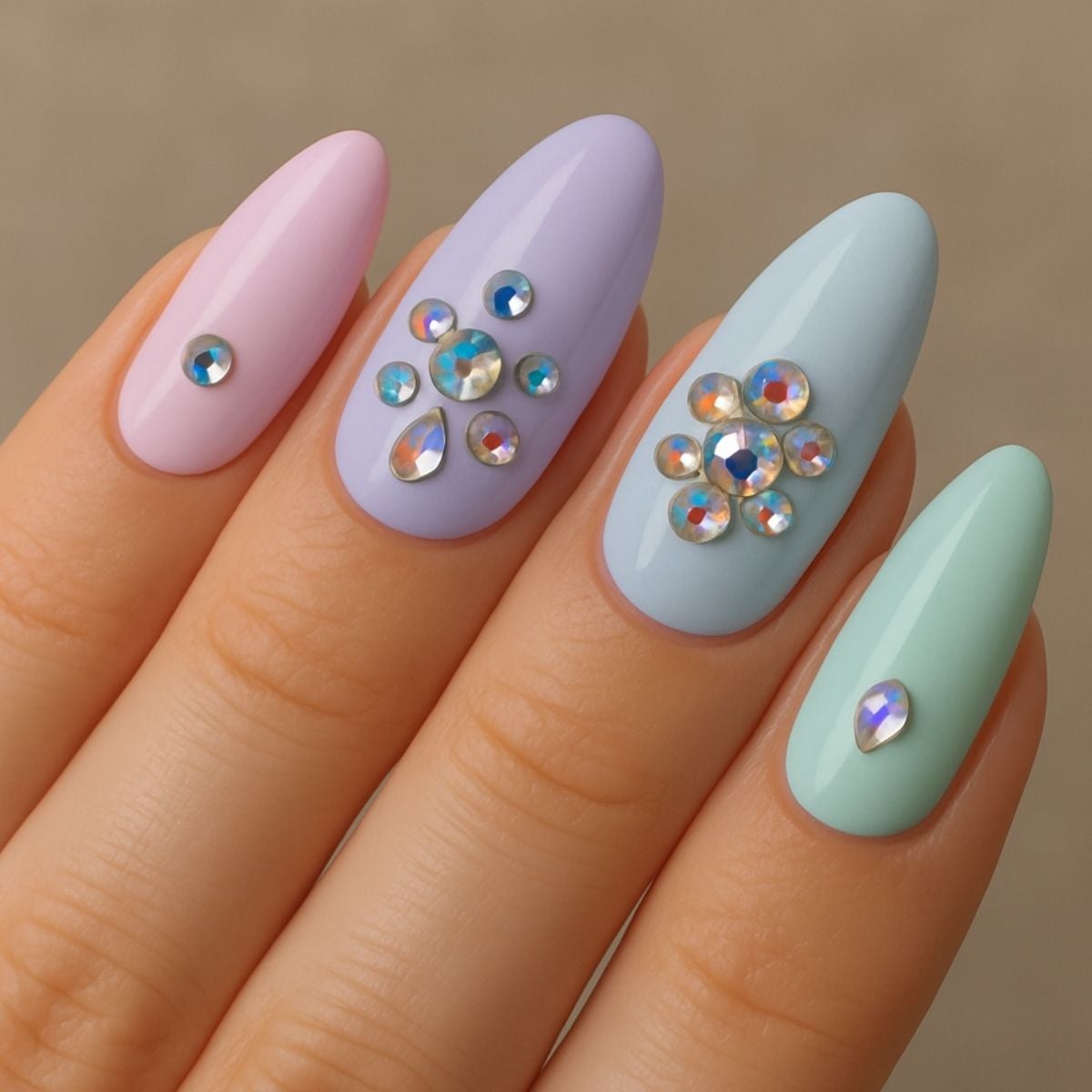 A hand with pastel-colored, almond-shaped nails, each decorated with small, shiny rhinestones arranged in various patterns for a dazzling Crystal Nail Art look.