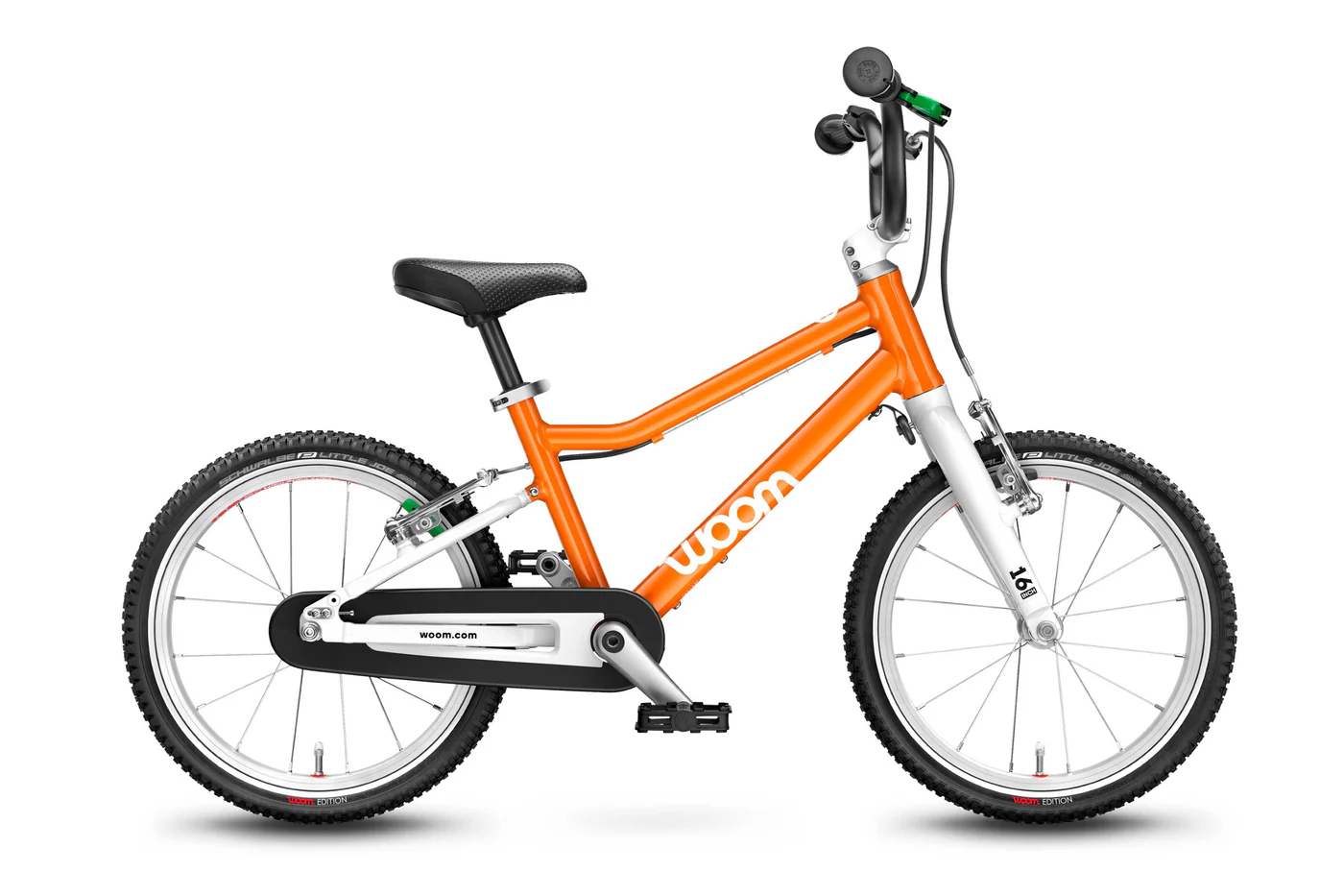 Best Bikes For 4 Year Olds (Training Bike Guide) A small orange and white kids bike, labeled "woom," shown in profile view on a white background. With training wheels removed, it's ideal as a first training bike and is among the best bikes for 4 year olds.