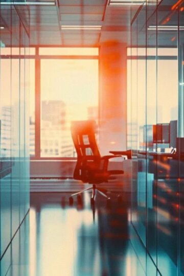 Modern office with glass walls, empty desks, and swivel chairs, sunlight streaming through large windows, cityscape visible outside.