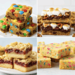 A collage of four types of cookie bars: M&M cookie bars, s'mores bars with marshmallows and pretzels, raspberry crumb bars, and funfetti-style sprinkle bars.