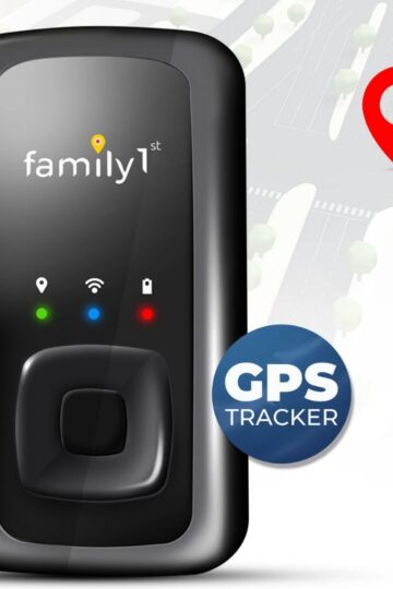 Black GPS tracker device labeled "family1st" shown over a map with a red location pin; blue button reads "GPS TRACKER"—a smart choice for family peace of mind when considering GPS tracking devices.