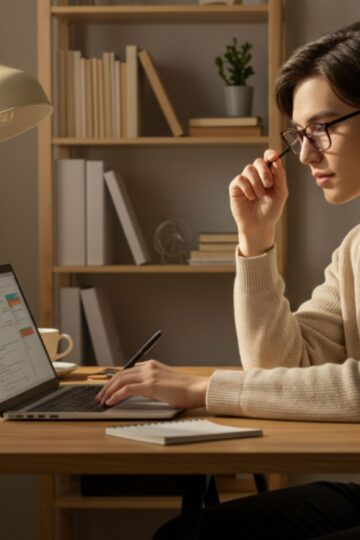 A person sits at a desk working on a laptop, holding glasses and using a pen to improve focus, with notebooks and a glass of water nearby in a well-lit room designed for productivity, with shelves in the background.