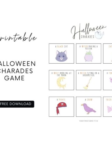 Enjoy this Free Printable Halloween Charades game sheet, featuring illustrated prompts like a black cat, witch, candy, moon, pirate, crown, and more-perfect for spooky fun with game cards everyone will love!.