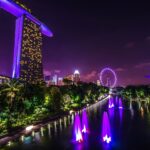 Night view of Singapore's Marina Bay Sands hotel, with illuminated fountains, the city skyline, and Singapore Flyer in the background-ideal if you want to stay close to attractions. Perfect for those seeking expert travel advice or SG hotel booking tips.