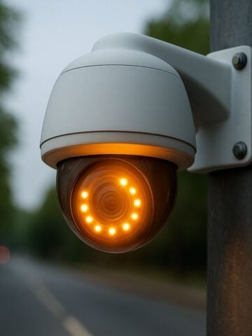 A security camera with orange lights is mounted on a pole beside a road, with trees and a blurred vehicle in the background.