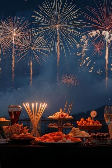 A nighttime outdoor feast unfolds with a table set with snacks and drinks in the foreground, while colorful fireworks illuminate the sky in the background.