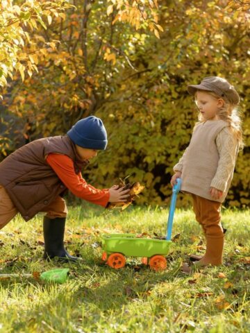 Two children gather autumn leaves in a sunny yard; one collects leaves while the other holds a small green wagon, dreaming of starting an edible garden and discovering the joys of gardening with kids.