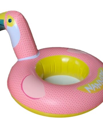 Pink and yellow inflatable pool float in the shape of a flamingo with "NANMEI" written on one side, perfect for those who love creative pool floats and want to stay ahead of pool float trends.