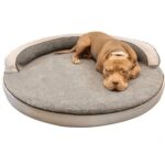 A brown dog lies on a round, gray and white pet bed, resting its head and looking forward with a relaxed expression.