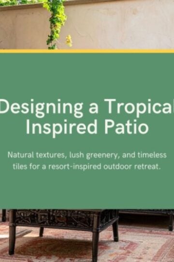A graphic reads, "Designing a Tropical-Inspired Patio" with text about natural textures and greenery; OUTERclè Tiles enhance the space, while patio chairs and lush plants are partially visible below.