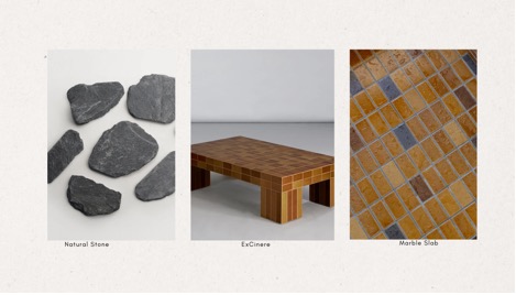 Three images side by side: irregular black natural stones, a rectangular table with a brown OUTERclè Tiles pattern for Patio Styling, and a close-up of small square brown marble tiles—perfect for a Tropical-Inspired Patio.