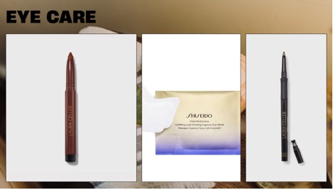 Three eye care products are displayed-a brown pencil, Shiseido eye masks, and a black pencil-on a neutral background with "EYE CARE" at the top left, perfect for any holiday gift guide or thoughtful gifts for her.