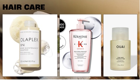 Three bottles of hair care products-Olaplex No. 4 shampoo, Kérastase Genesis shampoo, and Ouai Fine Hair shampoo-are displayed against a neutral background, making them perfect holiday gifts for women over 40.