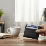 A person holds a designer leather card holder with visible cards at a wooden table with a notebook, pen, coffee cup, and potted plant-a true fashion statement in a bright room.