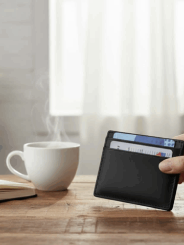 A person holds a designer leather card holder with visible cards at a wooden table with a notebook, pen, coffee cup, and potted plant-a true fashion statement in a bright room.