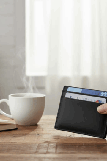A person holds a designer leather card holder with visible cards at a wooden table with a notebook, pen, coffee cup, and potted plant—a true fashion statement in a bright room.