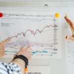 Two people point at a printed stock market chart with fluctuating lines and bar graphs pinned to a whiteboard.