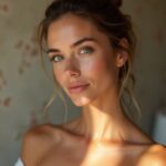 A woman with light brown hair and green eyes poses indoors, bathed in natural light, with a neutral expression; subtle floral wallpaper sets the scene, reflecting her interest in collagen supplements and the best collagen brands.