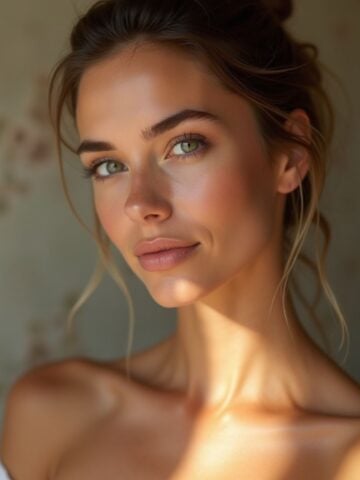 A woman with light brown hair and green eyes poses indoors, bathed in natural light, with a neutral expression; subtle floral wallpaper sets the scene, reflecting her interest in collagen supplements and the best collagen brands.