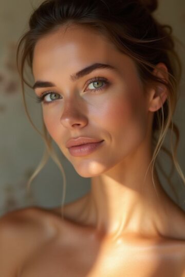 A woman with light brown hair and green eyes poses indoors, bathed in natural light, with a neutral expression; subtle floral wallpaper sets the scene, reflecting her interest in collagen supplements and the best collagen brands.