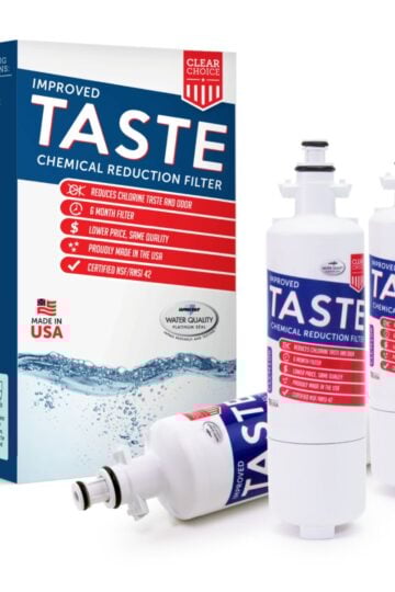 Three ClearChoice refrigerator water filters are displayed next to their branded packaging, highlighting improved taste, certification, and a 6-month lifespan—perfect for those choosing refrigerator filter solutions.