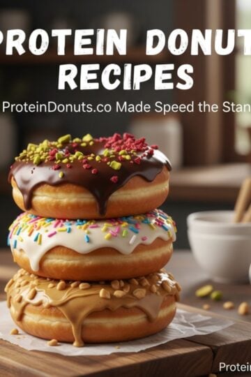Three decorated protein donuts are stacked on a table, with a stopwatch nearby. Text on the image promotes protein donut recipes and the website ProteinDonuts.co.