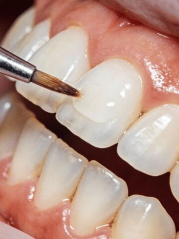 A dental brush, used in top practices of cosmetic dentistry, applies a coating or whitening agent to a person's upper front tooth.