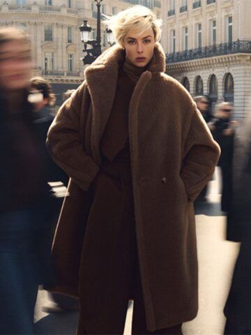 A person in a large teddy coat stands still on a city street while blurred figures walk past, with historic buildings in the background.