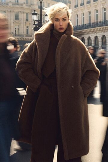 A person in a large teddy coat stands still on a city street while blurred figures walk past, with historic buildings in the background.