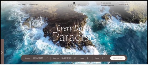 Aerial view of waves crashing against rocky cliffs with the text "Every Day is Paradise" and a hotel reservation form overlay.
