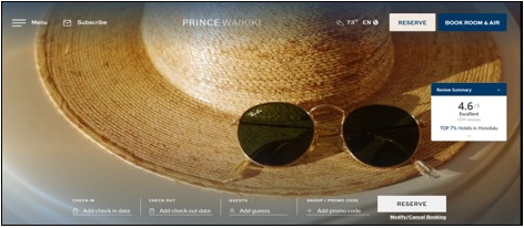 A straw hat and round sunglasses lie on a flat surface, featured on the Prince Waikiki hotel reservation webpage.