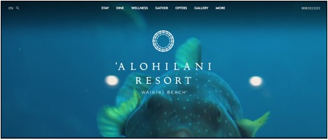 Homepage of ‘Alohilani Resort Waikiki Beach featuring a close-up underwater image with the resort’s name and navigation menu options visible.