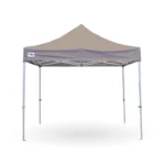 A grey pop-up canopy tent with a peaked roof and four metal legs, set up on a white background-perfect for those seeking a clean gazebo look for any outdoor event.