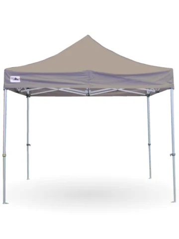 A grey pop-up canopy tent with a peaked roof and four metal legs, set up on a white background-perfect for those seeking a clean gazebo look for any outdoor event.