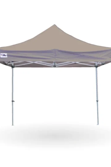 A grey pop-up canopy tent with a peaked roof and four metal legs, set up on a white background—perfect for those seeking a clean gazebo look for any outdoor event.