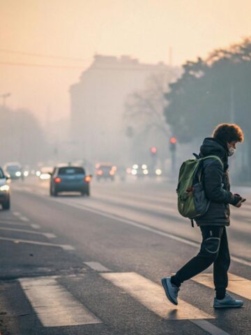 A person wearing a mask and rucksack demonstrates child street crossing techniques whilst navigating a city street at a zebra crossing during hazy, early morning traffic.