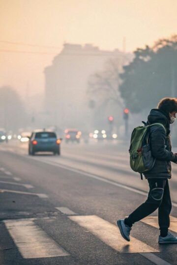 A person wearing a mask and rucksack demonstrates child street crossing techniques whilst navigating a city street at a zebra crossing during hazy, early morning traffic.