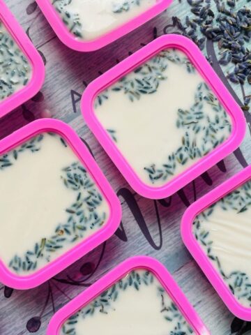 Square pink containers filled with a creamy white cold process soap, topped with dried lavender buds, are arranged on a patterned surface.