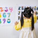 A young girl with plaits points at an alphabet chart on the wall, with a colourful number chart beside it-an ideal setup for nurseries using safe, hygienic wall sheets.