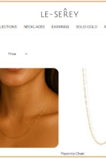 Screenshot from a jewellery website featuring a model wearing an everyday gold jewellery chain necklace on the left and a close-up of the minimalist jewellery piece on the right.