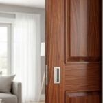 A partially open wooden sliding door with a metal handle reveals part of a modern living room with a sofa, lamp, and sheer curtains-an ideal space-saving solution for contemporary homes.