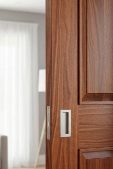 A partially open wooden sliding door with a metal handle reveals part of a modern living room with a sofa, lamp, and sheer curtains—an ideal space-saving solution for contemporary homes.