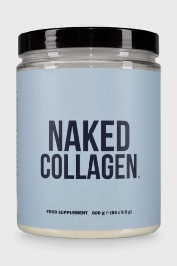 A jar of Naked Collagen food supplement with a black lid and light blue label, displaying product name and 600g weight—packed with collagen peptides to support your wellbeing routine.