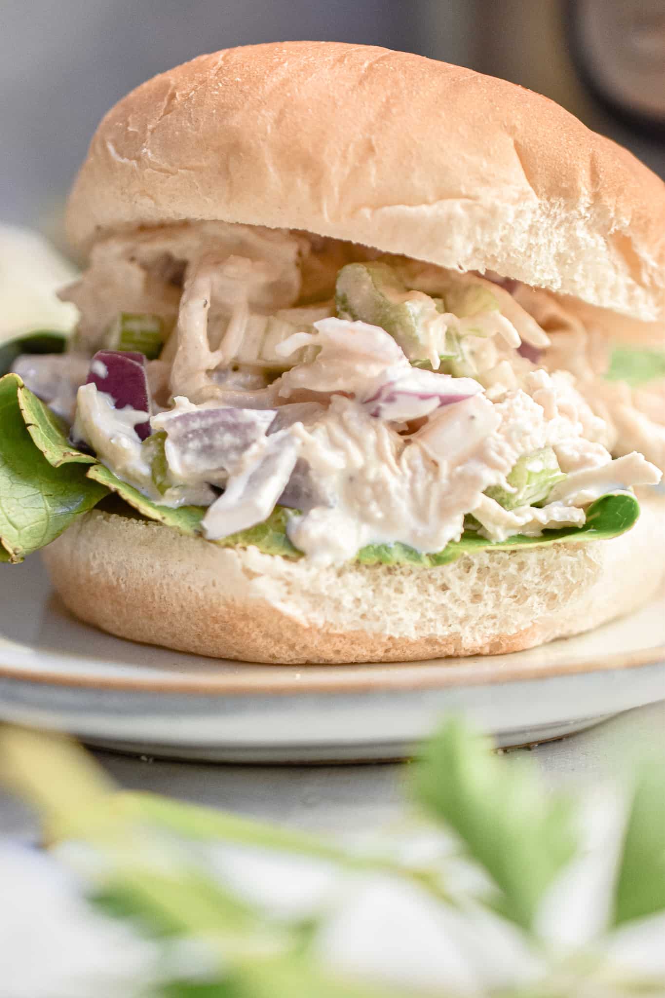 Celebrate With These Recipes for Lunch Ideas on Mother's Day A chicken salad sandwich with lettuce in a bap, served on a plate.