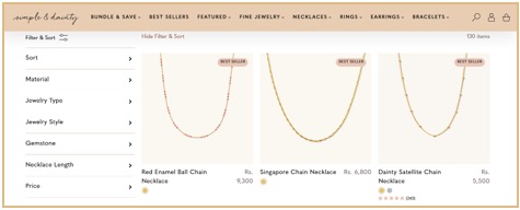 Screenshot of an online jewellery shop displaying three necklaces: Red Enamel Ball Chain, Singapore Chain, and Dainty Satellite Chain, each with pricing and