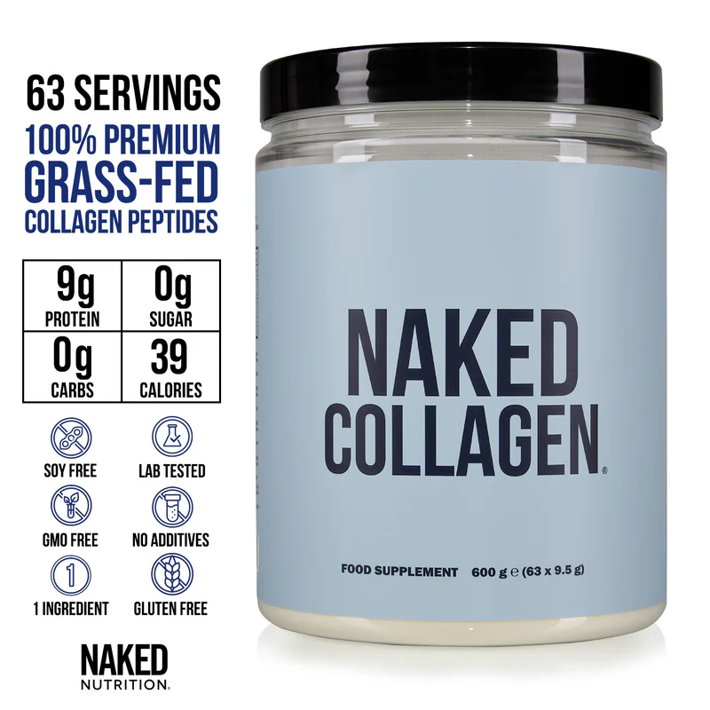 A container of Naked Collagen powder with product details: 63 servings, 100% grass-fed collagen peptides, 9g protein per serving, 39 calories, no sugar, soya, gluten, GMOs or additives—enjoy pure collagen benefits in every scoop.