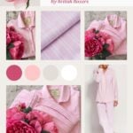 Collage featuring pink stripe pyjamas by British Boxers, close-up fabric details, a peony flower, colour swatches, and a person wearing the pyjamas; labelled "The perfect luxury pyjamas"—a must-see for any pyjamas review.
