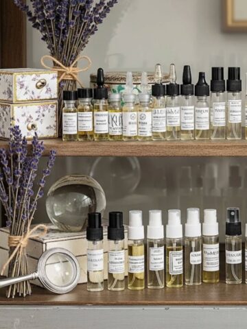 Wooden shelves displaying various labelled perfume sample bottles in sample sizes, sprigs of dried lavender, a magnifying glass, and small decorative drawers make up this charming personal fragrance collection.